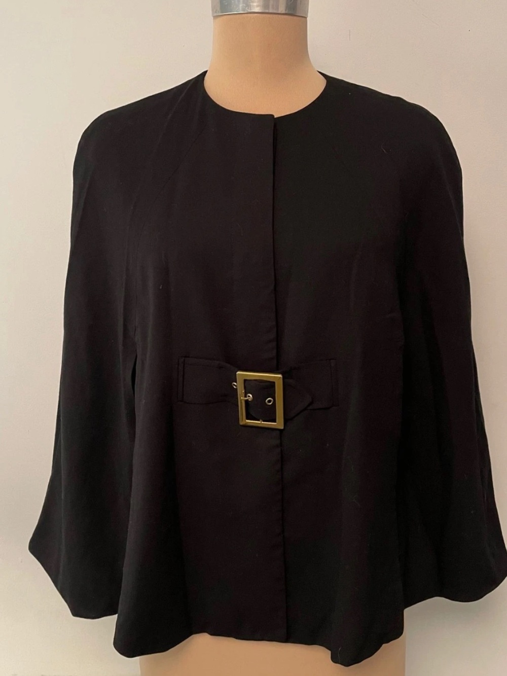 Alberto Makali Black Wool Women's Cape Jacket with Gold Buckle
